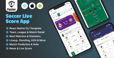 Soccer Live Scores App React Native Mobile App Template Teams, Scores, Matches, Stats, News.