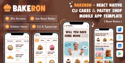 BakeRon - React Native CLI Cakes & Pastry Shop Mobile App Template