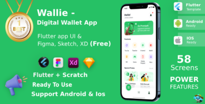 Digital Wallet App ANDROID + IOS + FIGMA + XD + Sketch + Invision Studio UI Kit Flutter Wallie