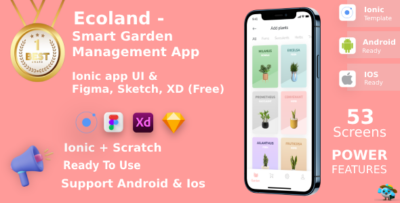 Ecoland ANDROID + IOS + FIGMA + XD + Sketch + Figma UI Kit Ionic SMART GARDEN MANAGEMENT APP