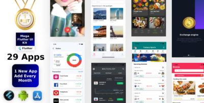 Mega Flutter Kit 29 Apps in 1 Template Flutter Figma Get Every month 1 App Life Time Update