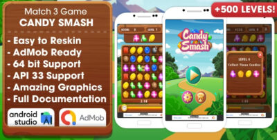 Candy Smash - Match 3 Game Android Studio Project with AdMob Ads + Ready to Publishc