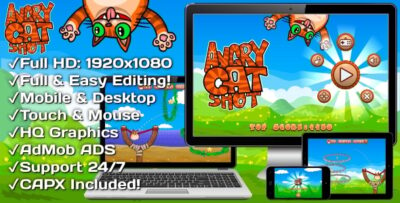 Angry Cat Shot - HTML5 Game 30 Levels + Mobile Version! (Construct 3 Construct 2 Capx)