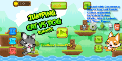 Jumping Cat & Dog Runner -- HTML5 Game, Mobile Vesion+AdMob!!! (Construct-2 CAPX)