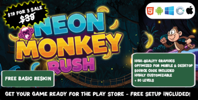 Neon Monkey Rush - Construct 3 Game (HTML5, AdMob, C3P)